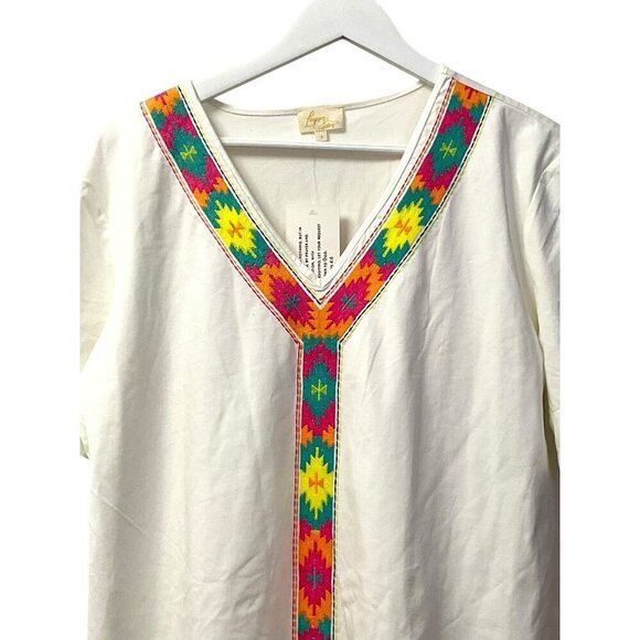 Layerz Shift Dress White Colorful Embroidered Southwestern Oversized S/S Size S - Picture 3 of 15